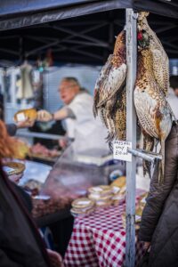 Pheasants and pies for sale at Borough Market, London Borough of Southwark, London, England, United