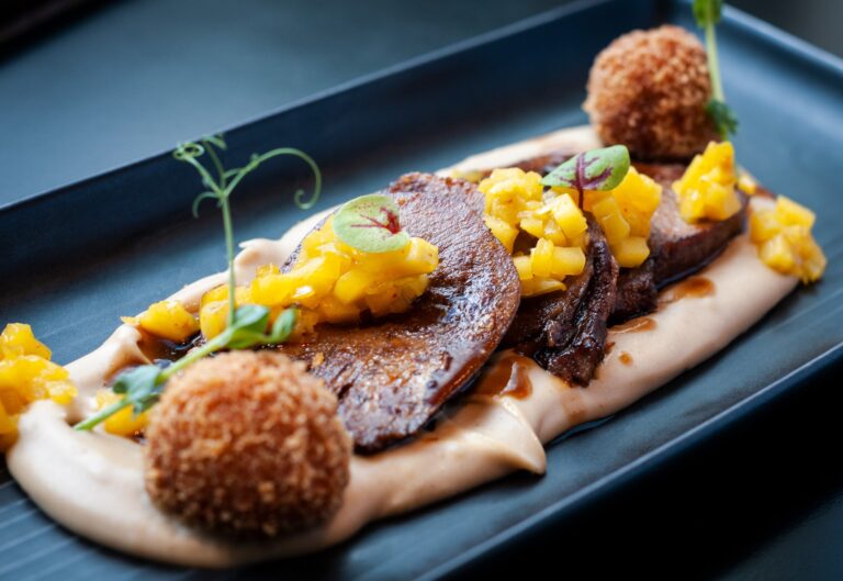 Sous Vide veal tongue with chestnut puree, pumpkin croquettes, and apple relish