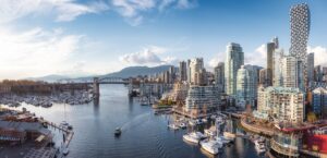 View of Granville Island in False Creek with modern city skyline